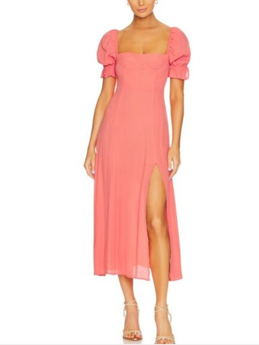 WeWoreWhat Puff Sleeve Midi Dress Coral Pink Crepe Side Slit Fitted Bodice 6